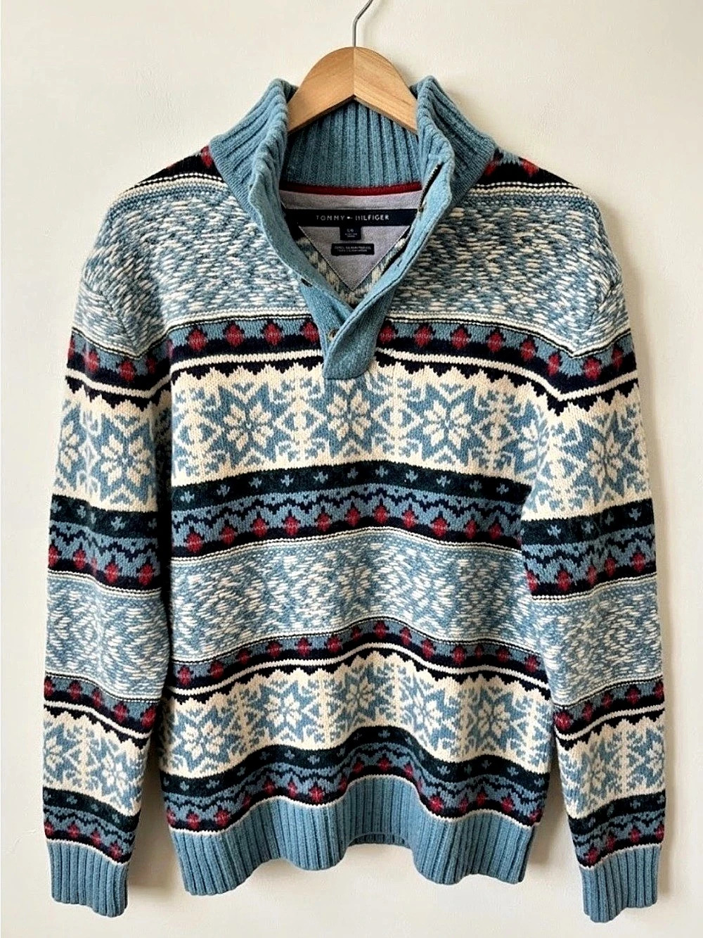 Tommy Hilfiger Men's Fair Isle Lambswool Mock Neck Button Pullover Sweater Size